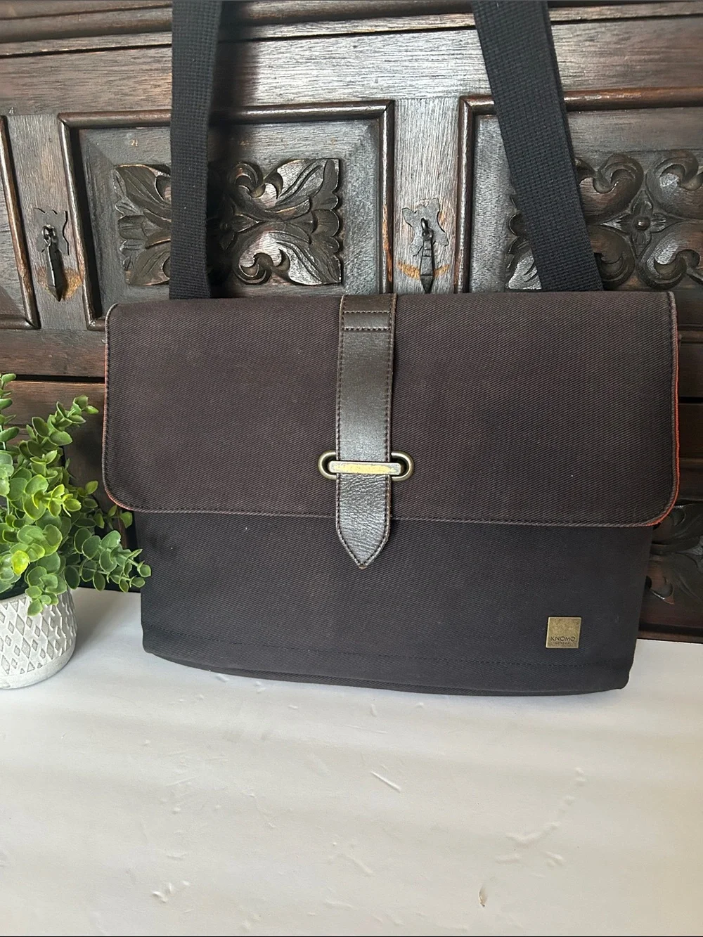 Men's Brown Canvas Messenger Bag with Leather Strap Accent